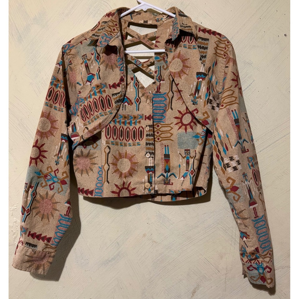 VTG Wrangler Authentic Western Crop Shirt Southwestern Tribal Print Lattice Back